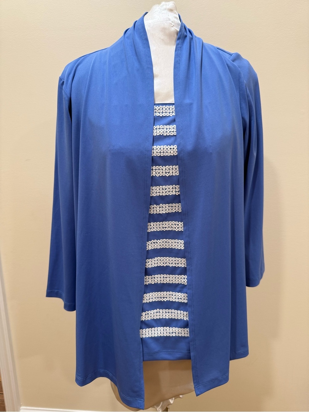 Bob Mackie Wearable Art Blue Open-Front Cardigan with Striped Inner Tank (small)
